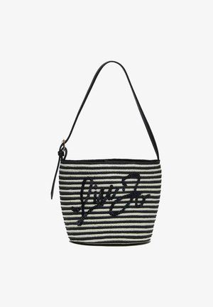Sac à main à rayures noires et blanches avec une seule bandoulière noire et une inscription noire en cursive sur le devant.