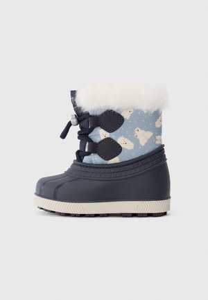 Bērnu tumš zilie ziemas zābaki ar baltu mākslīgo kažoku un gaiši zilu augšdaļu, kas rotāta ar baltām polārajiem lāčiem.