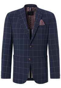 Navy blazer with white check pattern, notched lapels, two-button closure, and two front pockets. Red polka dot inner lining.