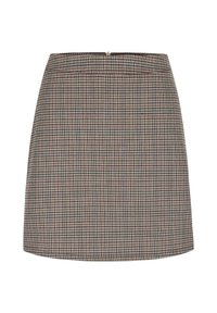 Brown and beige checkered skirt with a straight cut, textured fabric, and a rear zipper closure.