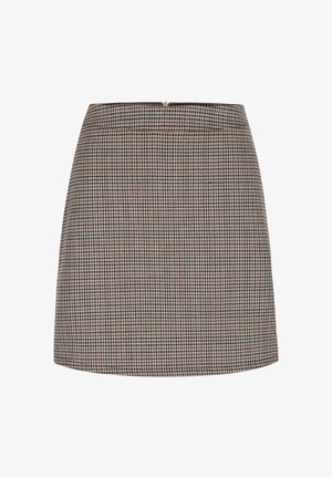 Jupe à carreaux marron et beige avec une coupe droite, en tissu texturé, et une fermeture éclair à l'arrière.