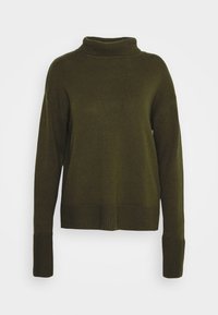 Maglione lavorato a maglia verde oliva con collo alto e polsini a costine. Presenta una vestibilità comoda e una superficie texture. Nessun motivo o dettaglio decorativo.