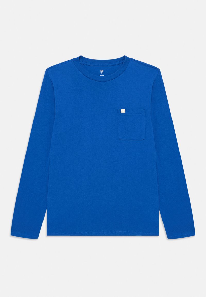 Ilga rankovė marškinėliai iš ryškaus mėlyno medvilnės. Turi apvalią iškirptę, tiesų apatinį kraštą ir mažą kišenę kairėje krūtinės pusėje su logotipo etikete.