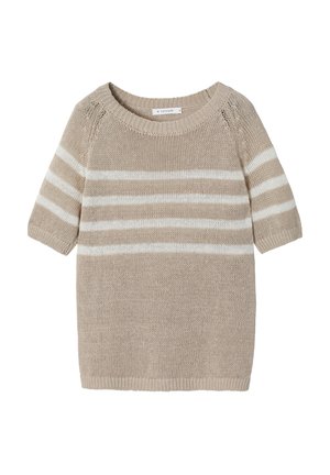 Pull en tricot beige à manches courtes. Présente des rayures blanches horizontales et un col rond. Texture douce avec des poignets et un ourlet côtelés.