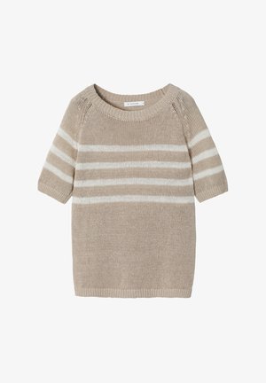 Bež pulover s kratkimi rokavi. Ima bele vodoravne črte in okroglo ovratnik. Mehak teksturiran material z rebrastimi manšetami in robom.