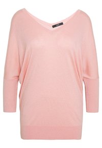 Jasnoróżowy, oversize sweter z dekoltem w serek i rękawami o długości trzech czwarte. Miękki, teksturowany materiał dzianinowy z prążkowanym pasem i mankietami.