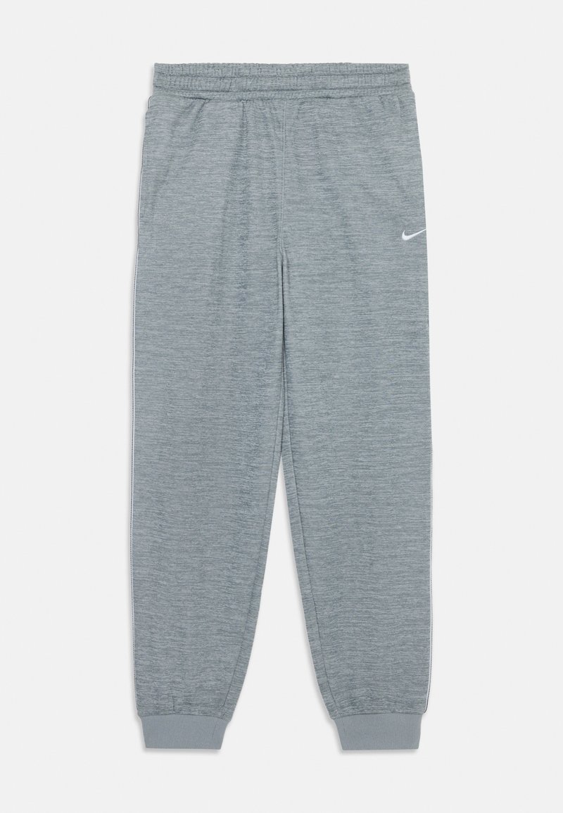Sive, mehke trenerske hlače iz pletene tkanine z elastičnim pasom in manšetami. Na zgornji levi strani je majhen bel Nike logotip.