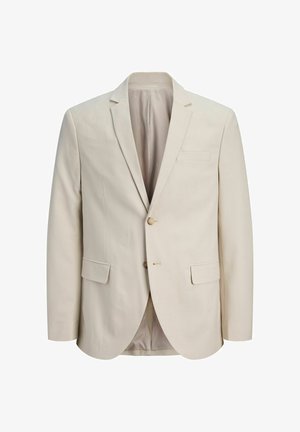 Beige herrejakke med to knapper, hakkede revers, klaplommer og brystlomme med paspel, fuldt foret indeni.