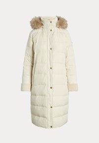 Abrigo de plumas marfil con capucha de piel sintética desmontable, grandes botones, textura acolchada y puños de felpa suaves. Diseño de longitud media para mayor calidez.