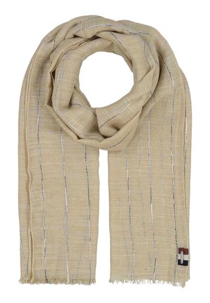 Light beige woven scarf with thin vertical black and white stripes, slightly frayed edges, and a small fabric tag on one end.