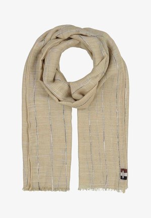 Light beige woven scarf with thin vertical black and white stripes, slightly frayed edges, and a small fabric tag on one end.