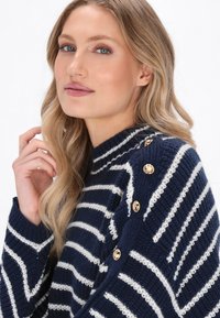 Gestreifter Pullover in Marineblau und Weiß mit Rippstruktur, ausgestattet mit goldenen Knöpfen an der Schulter und einem hohen Ausschnitt.
