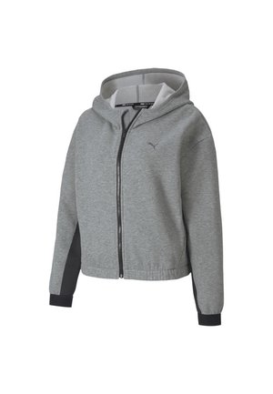 Sweat à capuche zippé gris clair avec fermeture éclair noire et poignets noirs, panneaux latéraux noirs et petit logo Puma sur la poitrine gauche.