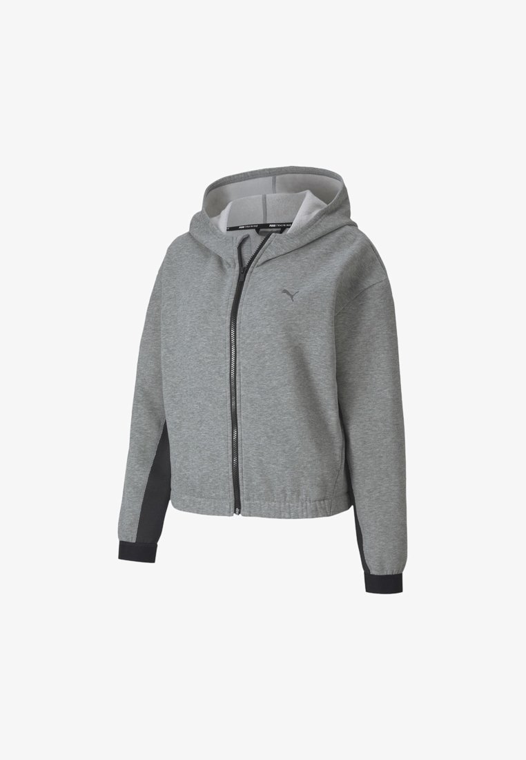 Sweat à capuche zippé gris clair avec fermeture éclair noire et poignets noirs, panneaux latéraux noirs et petit logo Puma sur la poitrine gauche.