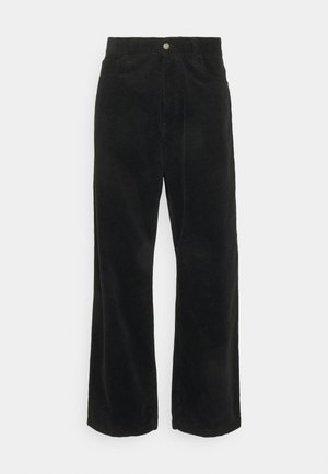 Black corduroy wide-leg pants with a high waist, featuring a front button and zipper closure, and deep side pockets. Soft texture throughout.