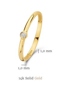 14k massiver Goldring mit einem schmalen Band von 1,0 mm Breite und einem kleinen runden Diamantakzent, der auf einer Seite eingeset tr ist. Glatte Oberfläche, polierte Ausführung.