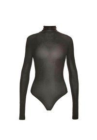 Czarny body z długim rękawem i wysokim dekoltem, wykonane z przezroczystej, teksturowanej tkaniny, z dopasowanym krojem i fasonem typu string.