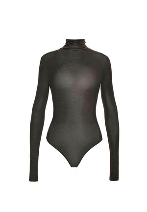 Must pikkade varrukatega bodi kõrge kaelusega, valmistatud läbipaistvast tekstuuriga kangast, mis on keha järgi lõigatud ja millel on tangapüksiku alaosa.