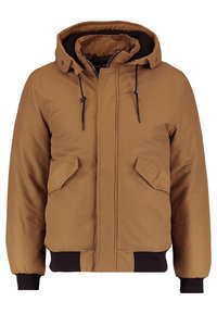 Brown insulated jacket with a hood, two front pockets, zip closure, and ribbed cuffs and hem. Soft fabric with a smooth texture.