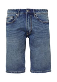 Denim shorts in medium blauw met een klassiek vijfzakkenontwerp, koperen klinknagels en een rafelige zoom. Zorgvuldig afgewerkt met een subtiele vervaging.