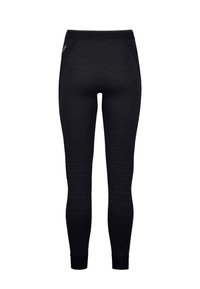 Black leggings made of textured fabric, featuring a fitted design, high waistband, and ankle cuffs for a streamlined appearance.