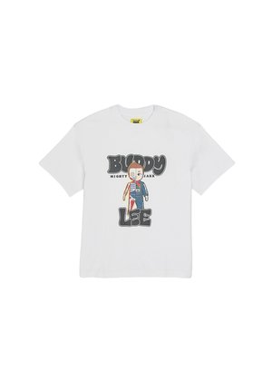 Weißes Baumwoll-T-Shirt mit einer cartoonhaften Grafik eines Charakters mit braunen Haaren und Denim-Kleidung, beschriftet mit "BUDDY LEE" in fettem Text.