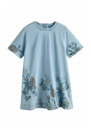 Hellblaues Jeans-Kurzarmkleid mit rundem Ausschnitt und floraler Stickerei in gedämpften Farben an Ärmeln und Saum.