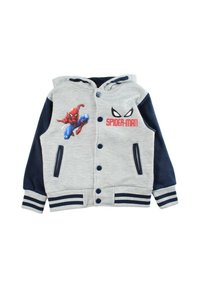 Sweat à capuche gris avec manches bleu marine, ornée d'un motif Spider-Man à l'avant, avec des accents rayés aux poignets et à l'ourlet. Deux poches latérales.