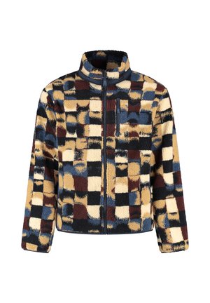 Chaqueta de forro polar con cuello alto, que presenta un patrón de cuadros multicolores en azul, marrón, crema y negro. Incluye un bolsillo con cremallera en la parte frontal.