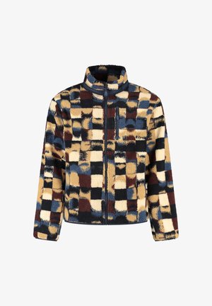 Fleece jack met een hoge kraag, voorzien van een meerkleurig geruit patroon in blauw, bruin, roomkleurig en zwart. Inclusief voorritszak.