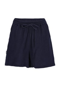 Shorts bleus marine en tissu texturé, dotés d'une taille élastique, d'un cordon de serrage ajustable et de poches latérales pour plus de fonctionnalité.
