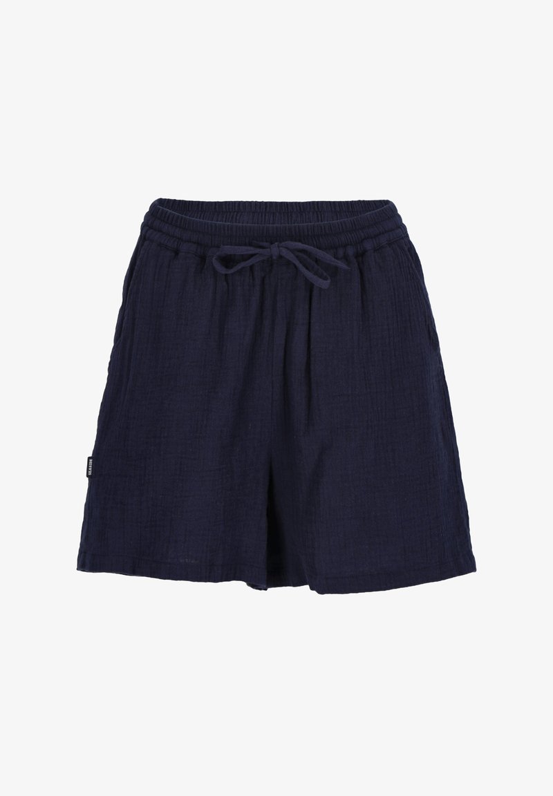 Marineblaue Shorts aus einem strukturierten Stoff, mit einem elastischen Bund, verstellbarem Kordelzug und seitlichen Taschen für zusätzlichen Komfort.