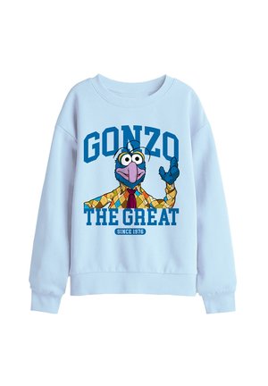 Hellblaues Sweatshirt mit einer bunten Comicfigur, die ein gemustertes Hemd und eine Krawatte trägt, und dem Text "GONZO THE GREAT SINCE 1976".