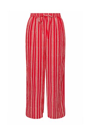 Rode broek met wijde pijpen, verticale witte strepen en een tailleband met een strikkoord.