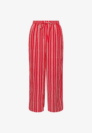 Punaiset leveälahkeiset housut, joissa pystysuorat valkoiset raidat ja sidottava kiristysnauha vyötäröllä.