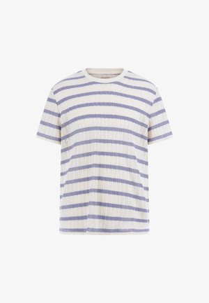 Kremowa koszulka z krótkim rękawem w paski poziome w kolorze lawendowym. Teksturowana tkanina o prążkowanym wzorze i okrągłym dekolcie.