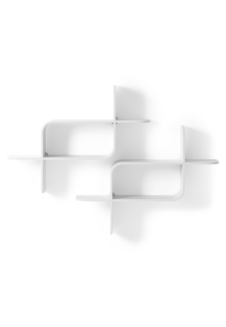 Mensola moderna bianca con quattro compartimenti formati da pannelli orizzontali e verticali che si intersecano, dotati di bordi stondati.