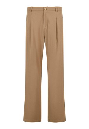 Pantalons oversized beiges avec une taille plate, fermeture par un seul bouton, plis et texture lisse. Confectionnés dans un tissu léger et doux.