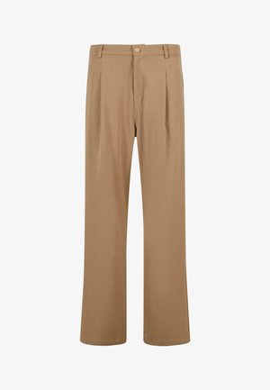 Pantaloni bej, cu croială largă, față plată, închidere cu un singur buton, pliseuri și o textură netedă. Construiți dintr-un material ușor și moale.