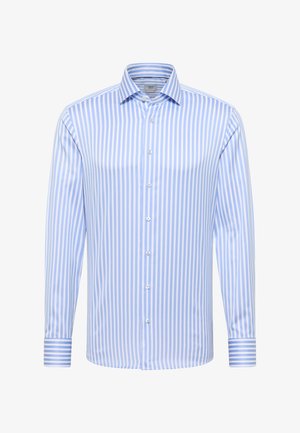 Light blue and white striped long-sleeve dress shirt. Features a button-down collar, placket with buttons, and contrasting striped cuffs.