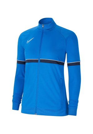 Blaues Nike Jacke mit durchgehendem Reißverschluss, hohem Kragen, langen Ärmeln, schwarz-weißem horizontalem Streifen über Brust und Armen und Seitentaschen.
