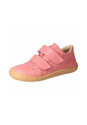 Pink leather shoes with two adjustable Velcro straps, a rounded toe, and a tan rubber sole for grip and flexibility.