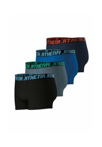 Quatre paires de boxers pour hommes en noir, bleu foncé, gris et teal. Chacune présente une taille contraste avec le logo "ATHENA".