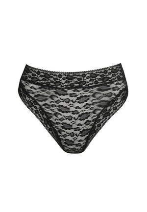 Schwarze Spitzenunterwäsche mit floralem Muster, hoher Taille und gezacktem Saum, aus transparentem Stoff für ein zartes Erscheinungsbild.