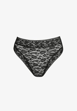 Bragas negras de encaje con un patrón floral, con una cintura alta y borde festoneado, fabricadas con tela transparente para una apariencia delicada.