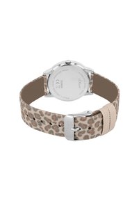 Round watch with stainless steel back, featuring a beige and leopard print fabric strap. Includes silver-tone hardware and buckle closure.
