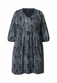 Robe en imprimé serpentin noir et gris avec un décolleté en V, une taille froncée et des manches bouffantes. Fabriquée en tissu léger avec un motif texturé.