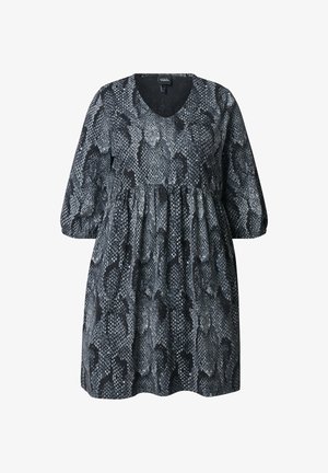 Zwart en grijs slangenhuidprint jurk met een V-hals, gathered taille en puffed mouwen. Gemaakt van lichtgewicht stof met een gestructureerd patroon.