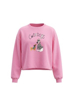 Pink sweatshirt med to broderede hunde, en brun med en blå krave og en hvid med sorte striber, og teksten "Cute Dogs" ovenover.
