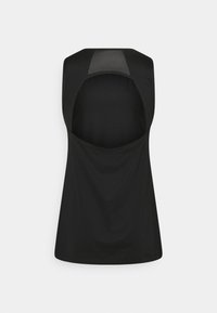 Top nero senza maniche con scollatura rotonda e schiena scoperta. Tessuto morbido e leggero con una texture liscia e senza hardware o motivi visibili.